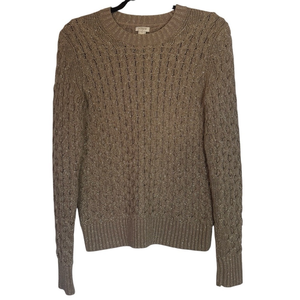 J. Crew Cable Knit XS Crew Neck Sweater in Tan and Metallic Gold